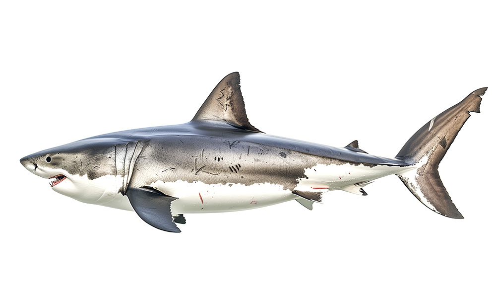 great-white-shark-side-view Side view of a great white shark on white background